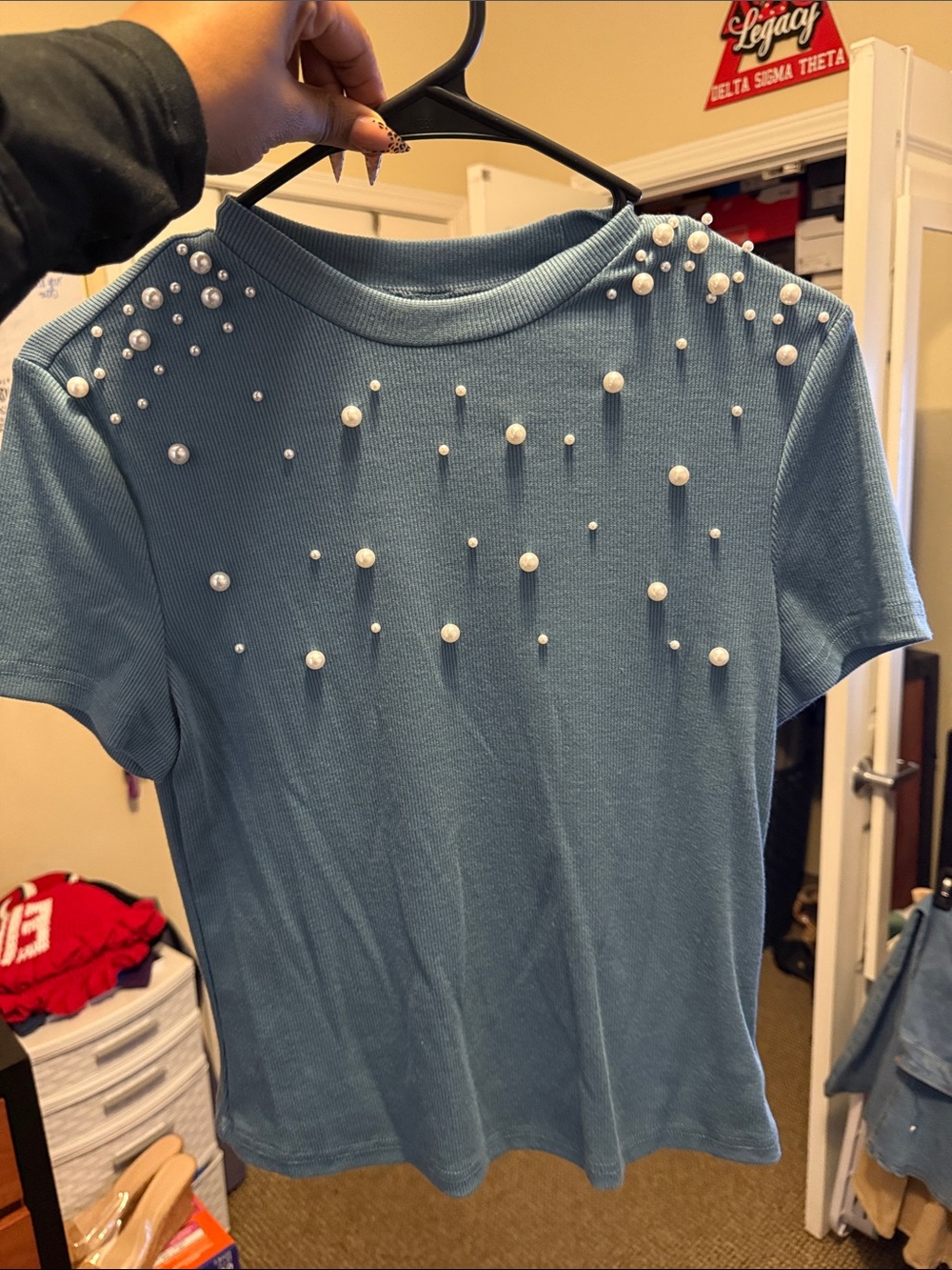 Pearl-Embellished Blue Short Sleeve Tee